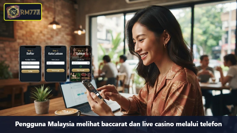 Pengguna Malaysia melihat baccarat dan live casino melalui telefon