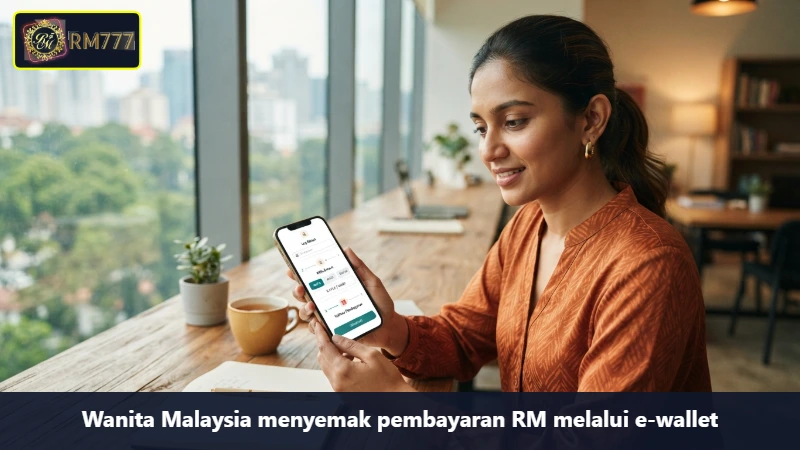 Wanita Malaysia menyemak pembayaran RM melalui e-wallet
